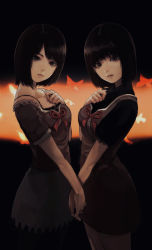 Rule 34 | 2girls, amakura mayu, amakura mio, black hair, breasts, brown eyes, bug, butterfly, closed mouth, dress, fatal frame, fatal frame 2, gauss &lt;bokashi, highres, insect, looking at viewer, multiple girls, short hair, siblings, sisters, skirt, twins