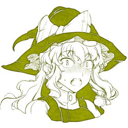 Rule 34 | 1girl, bow, hair bow, hat, hi you (flying bear), kirisame marisa, long hair, monochrome, open mouth, simple background, solo, surprised, touhou, white background, witch hat