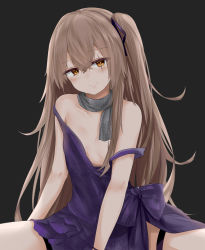 Rule 34 | 1girl, absurdres, alternate costume, arm support, bangle, bare shoulders, black background, blush, bracelet, breasts, brown eyes, brown hair, casual, closed mouth, collarbone, crossed bangs, dress, dress slip, fingers together, girls&#039; frontline, hair between eyes, head tilt, highres, jewelry, long hair, looking at viewer, no bra, official alternate costume, one side up, purple dress, purple ribbon, ribbon, ru zhai, scar, scar across eye, scar on face, scarf, sidelocks, simple background, small breasts, smile, spread legs, thighs, ump45 (diamond flower) (girls&#039; frontline), ump45 (girls&#039; frontline)