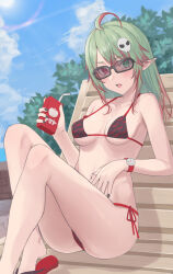 Rule 34 | 1girl, absurdres, ass, beach chair, bikini, black-framed eyewear, black bikini, blue sky, breasts, cloud, collarbone, day, drink, drinking straw, enporion, glasses, green eyes, green hair, hair ornament, heterochromia, highres, holding, holding drink, holding juice box, juice box, knees up, long hair, medium breasts, mole, mole under eye, multicolored hair, navel, nipples, original, outdoors, pointy ears, red eyes, red footwear, red hair, side-tie bikini bottom, sitting, skull hair ornament, sky, solo, swimsuit, two-tone hair, watch, wristwatch