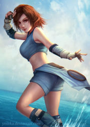 Rule 34 | 1girl, artist name, bare shoulders, blue shorts, breasts, brown eyes, brown hair, closed mouth, cloud, crop top, dated, day, deviantart username, elbow gloves, eyebrows, eyelashes, fingerless gloves, from side, gloves, grin, kazama asuka, large breasts, lips, looking at viewer, midriff, namco, nose, ocean, parted bangs, realistic, short hair, short shorts, shorts, sky, smile, solo, splashing, sports bra, standing, tekken, thighs, water, watermark, web address, wet, ynorka, ynorka chiu