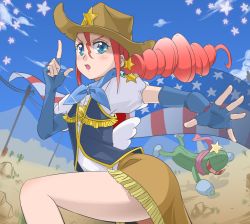 Rule 34 | 10s, 1girl, american flag, bad id, bad pixiv id, blue eyes, blush, bomber girls precure, brooch, brown skirt, cactus, cowboy hat, cowboy western, day, desert, dongol, drill hair, earrings, elbow gloves, fingerless gloves, freckles, fringe trim, glasses, gloves, happinesscharge precure!, hat, heart, heart brooch, jewelry, long hair, magical girl, monster, ponytail, precure, red hair, red haired cure (bomber girls precure) (happinesscharge precure!), saiark, scarf, skirt, sky, vest