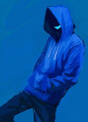 Rule 34 | 1boy, absurdres, blue background, blue hoodie, blue mouth, blue pants, blue theme, drawstring, face in shadow, facing viewer, feet out of frame, hands in pockets, highres, hood, hood up, hoodie, knee up, long sleeves, male focus, napoli no otokotachi, open mouth, pants, shu3 (napoli no otokotachi), simple background, smile, solo, standing, ujimoto