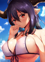 Rule 34 | 10s, 1girl, ahoge, bikini, biting, biting own thumb, blue sky, blush, breasts, cleavage, cloud, collarbone, covered erect nipples, danua, day, draph, dripping, female focus, front-tie bikini top, front-tie top, granblue fantasy, hair between eyes, hand on own chest, horns, jewelry, large breasts, liu guniang, long hair, looking at viewer, necklace, outdoors, pointy ears, purple bikini, purple hair, red eyes, see-through, sky, solo, string bikini, swimsuit, biting own thumb, upper body, wet