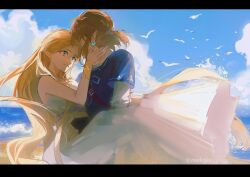 Rule 34 | 1boy, 1girl, bare shoulders, blonde hair, blue tunic, bracer, carrying, couple, dress, earrings, flock, gold necklace, green eyes, hair tie, hand on another&#039;s neck, hetero, highres, jewelry, letterboxed, link, long dress, long hair, looking at another, low ponytail, medium hair, necklace, nintendo, ocean, outdoors, parted bangs, pointy ears, princess carry, princess zelda, sidelocks, smile, strapless, strapless dress, the legend of zelda, the legend of zelda: breath of the wild, white dress, zexli qiu
