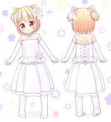 Rule 34 | 1girl, animal ears, blonde hair, blush, cherry blossoms, closed mouth, collarbone, dog ears, dog girl, dog tail, dress, elbow gloves, fang, flower, gloves, hair flower, hair ornament, hair ribbon, haru (inuarashi), inuarashi, multiple views, no shoes, original, pantyhose, pleated dress, red eyes, ribbon, rose, see-through, short hair, smile, standing, strapless, strapless dress, tail, translation request, turnaround, two side up, white background, white dress, white flower, white gloves, white pantyhose, white rose