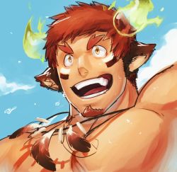Rule 34 | 1boy, :d, animal ears, bad id, bad tumblr id, bara, brown eyes, brown hair, cow boy, cow ears, cow horns, cropped shoulders, facial hair, feather necklace, fiery horns, forked eyebrows, geulim (m0m030m), glowing horns, goatee, highres, horns, jumping, large pectorals, male focus, muscular, muscular male, necklace, nude, open mouth, pectorals, short hair, sky, smile, solo, spiked hair, sweat, teeth, thick eyebrows, tokyo houkago summoners, upper body, wakan tanka