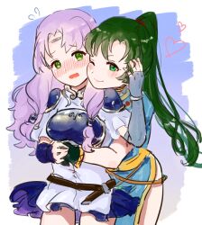 Rule 34 | 2girls, armor, belt, blue gloves, blush, breastplate, closed eyes, closed mouth, dress, embarrassed, fingerless gloves, fire emblem, fire emblem: the blazing blade, florina (fire emblem), flying sweatdrops, gloves, green eyes, green gloves, green hair, hand on another&#039;s face, heart, highres, holding hands, hug, hug from behind, long hair, looking at another, lyn (fire emblem), multiple girls, nintendo, one eye closed, open mouth, ponytail, purple hair, sakuramotikun, white dress, yuri