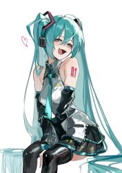 Rule 34 | 1girl, aqua eyes, aqua necktie, aqua sleeves, black footwear, black skirt, boots, breasts, chinese commentary, commentary, detached sleeves, fang, hatsune miku, headphones, heart, highres, jiu ye sang, long hair, medium breasts, necktie, open mouth, simple background, sitting, skin fang, skirt, solo, thigh boots, vocaloid, white background