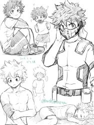 Rule 34 | ..., 1boy, aged down, bodysuit, boku no hero academia, buthikireta, child, collarbone, commentary request, dated, greyscale, highres, lying, male focus, mask, messy hair, midoriya izuku, monochrome, mouth mask, multiple views, on stomach, open mouth, pants, scar, scar on arm, shirt, shorts, sitting, sleeping, sparkle, sparkling eyes, spoken ellipsis, topless male, translation request