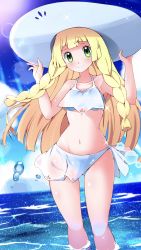 Rule 34 | 1girl, bikini, blonde hair, blush, braid, closed mouth, cloud, collarbone, commentary request, creatures (company), day, eyelashes, game freak, green eyes, hands on headwear, hands up, hat, highres, lens flare, lillie (pokemon), long hair, looking at viewer, miyama (yakinikusushi the royal), navel, nintendo, outdoors, pokemon, pokemon (anime), pokemon sm (anime), shiny skin, sky, smile, solo, sparkle, standing, swimsuit, twin braids, wading, water, water drop, white hat
