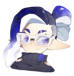 Rule 34 | 1boy, blue eyes, blue hair, closed mouth, commentary, commission, eyebrow cut, eyelashes, glasses, highres, inkling, inkling boy, inkling player character, long pointy ears, male focus, medium hair, nintendo, pointy ears, redbeanpie0, simple background, smile, solo, splatoon (series), tentacle hair, thick eyebrows, upper body, white-framed eyewear, white background