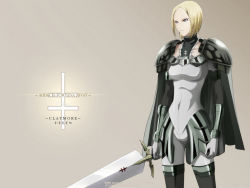 Rule 34 | 00s, 1girl, armor, blonde hair, cape, claymore (series), claymore (sword), grey eyes, helen, latin text, short hair, smile, smirk, solo, sword, thighhighs, wallpaper, weapon