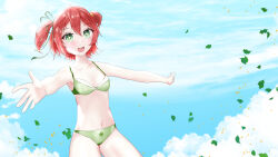 Rule 34 | 1girl, belly, bra, breasts, cloud, clover, clover print, commission, fuyo cloverfield, green bra, green eyes, green panties, hair ribbon, highres, idol corp, leaf, looking at viewer, navel, nose, open mouth, panties, pink hair, ribbon, sky, small breasts, smile, thighs, underwear, vicichuart, virtual youtuber
