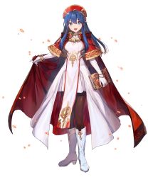 Rule 34 | 1girl, alternate costume, azu-taro, blue eyes, blue hair, book, boots, bracelet, breasts, cape, dress, elbow gloves, female focus, fire emblem, fire emblem: the binding blade, fire emblem heroes, full body, gloves, hat, highres, holding, holding book, jewelry, knee boots, lilina (fire emblem), long hair, looking at viewer, matching hair/eyes, medium breasts, nintendo, official art, open mouth, pantyhose, pelvic curtain, red cape, shiny clothes, skirt, smile, solo, standing, transparent background, white dress, white footwear, white gloves
