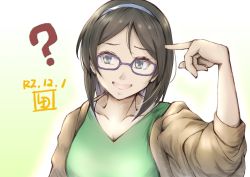 Rule 34 | 1girl, ?, alternate costume, artist logo, black hair, brown jacket, commentary request, dated, facing viewer, glasses, green shirt, hairband, jacket, kantai collection, kirishima (kancolle), ld (luna dial398), looking to the side, one-hour drawing challenge, open clothes, open jacket, pointing, pointing at self, purple-framed eyewear, shirt, short hair, sideways glance, simple background, solo, upper body, white background