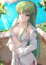 Rule 34 | 1girl, absurdres, bikini, blurry, blurry background, blush, breasts, budgiepon, c.c., cleavage, code geass, collarbone, commentary, cowboy shot, day, dress shirt, eyelashes, eyes visible through hair, green hair, hair between eyes, halterneck, highres, large breasts, light rays, lips, long hair, looking at viewer, midriff, off shoulder, open clothes, open shirt, opened by self, outdoors, parted lips, pool, poolside, shirt, side-tie bikini bottom, sidelighting, sidelocks, sleeves past wrists, smile, solo, standing, straight hair, sweat, swimsuit, very long hair, white bikini, white shirt, yellow eyes