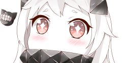 Rule 34 | + +, 10s, 1girl, abyssal ship, close-up, collar, colored skin, covered mouth, enemy aircraft (kancolle), horns, kantai collection, long hair, looking at viewer, nahaki, no nose, northern ocean princess, red eyes, short eyebrows, simple background, sparkling eyes, symbol-shaped pupils, white background, white hair, white skin