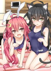 Rule 34 | 1girl, ahoge, animal ears, bed, black hair, blue one-piece swimsuit, brown eyes, cat ears, cat tail, collarbone, commentary request, crescent, crescent hair ornament, fake animal ears, fang, full body, hair ornament, hair ribbon, highres, kantai collection, kemonomimi mode, kneeling, long hair, looking at viewer, low-tied long hair, mikazuki (kancolle), one-piece swimsuit, paw pose, pink hair, rabbit ears, rabbit hair ornament, rabbit tail, red eyes, ribbon, school swimsuit, solo, swimsuit, tail, umino ht, uzuki (kancolle)
