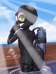 Rule 34 | 1girl, ass, black bodysuit, blush, bodysuit, cloud, diving mask, diving suit, drantyno, from behind, goggles, green eyes, highres, light rays, looking at viewer, looking back, ocean, oxygen tank, partially submerged, scuba, sky, sparkle, standing, sunbeam, sunlight, wading, water, wet, wetsuit