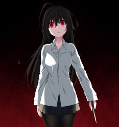 Rule 34 | 1girl, arm at side, black hair, black pantyhose, black skirt, collared shirt, commentary, cowboy shot, hair between eyes, head tilt, healther, holding, holding knife, knife, long hair, long sleeves, looking at viewer, messy hair, original, pantyhose, parted lips, pleated skirt, shirt, simple background, skirt, solo, symbol-only commentary, white shirt, yandere