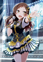 Rule 34 | 10s, 1girl, black vest, blush, bow, brown eyes, brown hair, cowboy shot, dress, female focus, gotyou, hair bow, idolmaster, idolmaster million live!, jumbotron, kitazawa shiho, long hair, looking afar, microphone, music, necktie, open mouth, outstretched arm, parfait noir (idolmaster), pleated skirt, singing, skirt, smile, solo, stage, stage lights, sweat, vest, wrist cuffs