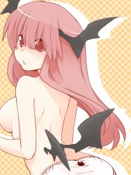 Rule 34 | 1girl, :/, arched back, back, bad id, bad pixiv id, bat wings, breasts, checkered background, embodiment of scarlet devil, female focus, head wings, kishiro azuhito, koakuma, long hair, looking back, low wings, panties, panties only, pink hair, red eyes, solo, topless, touhou, underwear, underwear only, white panties, wings
