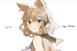 Rule 34 | 1girl, blush, brown eyes, closed mouth, commentary, dated commentary, happy birthday, headphones, highres, kalmeyaki, light brown hair, looking at viewer, pointy hair, purple ribbon, ribbon, shirt, short hair, simple background, sleeveless, sleeveless shirt, smile, solo, touhou, toyosatomimi no miko, twitter username, upper body, white background