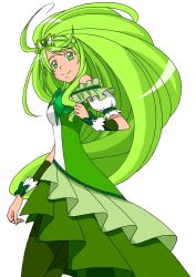 Rule 34 | 1girl, arm warmers, bare shoulders, dress, eyelashes, green dress, green eyes, green hair, green theme, hair ornament, hair ribbon, hairband, happy, heart, heart hair ornament, kyonu777, long dress, long hair, looking at viewer, magical girl, matching hair/eyes, original, precure, puffy sleeves, ribbon, simple background, smile, solo, very long hair, white background, wrist cuffs