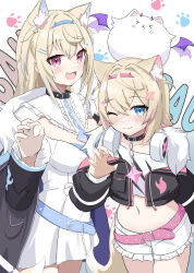 Rule 34 | 2girls, absurdres, animal ear fluff, animal ears, bandaid, bandaid hair ornament, black collar, black jacket, blonde hair, blue eyes, blue hair, blush, breasts, closed mouth, collar, commentary request, cropped jacket, cropped shirt, crossed bangs, dog ears, dress, extra ears, fang, fuwawa abyssgard, hair between eyes, hair ornament, headphones, headphones around neck, highres, hololive, hololive english, jacket, large breasts, long sleeves, looking at viewer, medium hair, midriff, mococo abyssgard, multicolored hair, multiple girls, navel, off shoulder, one eye closed, open mouth, parijennu222, paw pose, pink eyes, pink hair, shirt, shorts, smile, streaked hair, virtual youtuber, white dress, white shirt, white shorts, wings, x hair ornament