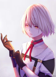 Rule 34 | 1girl, breasts, buckle, bullet, choker, cleavage, collarbone, collarless shirt, girls&#039; frontline, glove pull, gloves, grey background, highres, hirein, looking at viewer, medium breasts, orange eyes, parted lips, red ribbon, ribbon, shirt, short hair, silver hair, simple background, solo, strap, vector (girls&#039; frontline), white shirt, yellow eyes