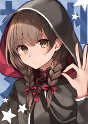 Rule 34 | 1girl, absurdres, ahoge, black capelet, braid, brown eyes, brown hair, capelet, commentary request, hair ribbon, highres, hood, hood up, hooded capelet, kantai collection, katsuobushi (eba games), long hair, long sleeves, looking at viewer, ok sign, red ribbon, ribbon, shinshuu maru (kancolle), solo, star (symbol), twin braids, upper body