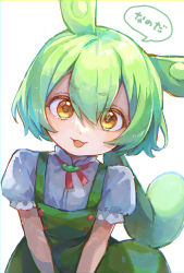 Rule 34 | 1girl, animal ears, catchphrase, commentary, dress, green dress, green hair, hands on lap, highres, looking at viewer, open mouth, pinafore dress, red ribbon, ribbon, sayonaka megumo, shirt, short sleeves, sleeveless dress, solo, speech bubble, translated, upper body, v-shaped eyebrows, voiceroid, voicevox, white background, white shirt, yellow eyes, zundamon