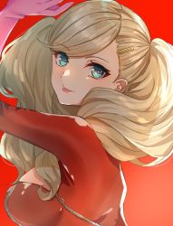 Rule 34 | 1girl, blonde hair, blue eyes, bodysuit, breasts, clothing cutout, commentary, edamameoka, gloves, hair ornament, hairclip, highres, long hair, long sleeves, looking at viewer, medium breasts, no mask, persona, persona 5, pink gloves, red background, red bodysuit, simple background, solo, swept bangs, takamaki anne, tongue, tongue out, twintails, upper body, zipper