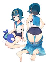 Rule 34 | 1girl, ass, bad feet, barefoot, blue eyes, blue hair, blue sailor collar, creatures (company), feet, from behind, game freak, gen 7 pokemon, hairband, highres, kanro ame (ameko), lana (pokemon), nintendo, one-piece swimsuit, pokemon, pokemon (creature), pokemon sm, popplio, sailor collar, school swimsuit, short hair, simple background, sleeping, soles, swimsuit, swimsuit under clothes, toes, white background