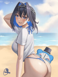 Rule 34 | 1girl, absurdres, alternate costume, ass, beach, black hair, blue eyes, blue hair, blush, breasts, chain, clock, dated, earrings, feet out of frame, hat, highres, hololive, hololive english, jewelry, large breasts, maskiy, multicolored hair, ocean, open mouth, ouro kronii, panties, sand, see-through, see-through shirt, shirt, smile, swimsuit, swimsuit under clothes, t-shirt, teeth, top hat, two-tone hair, underwear, upper teeth only, virtual youtuber