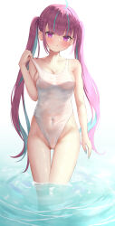 Rule 34 | 1girl, absurdres, ahoge, aqua hair, bare shoulders, blue nails, blunt bangs, blush, breasts, casual one-piece swimsuit, cleavage, collarbone, colored inner hair, covered navel, dyed ahoge, fingernails, groin, highleg, highleg swimsuit, highres, hololive, large breasts, long fingernails, long hair, looking at viewer, medium breasts, minato aqua, multicolored hair, nail polish, one-piece swimsuit, parted lips, purple eyes, purple hair, saki (saki paint), sidelocks, solo, standing, streaked hair, swimsuit, thighs, twintails, two-tone hair, very long hair, virtual youtuber, wading, water, white background, white one-piece swimsuit