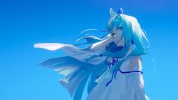 Rule 34 | 1girl, blue hair, blue ribbon, blue sky, blue theme, blunt bangs, blunt ends, closed mouth, commentary, detached sleeves, dress, expressionless, floating hair, flower knot, from side, hair ribbon, hand in own hair, hand up, highres, kakine, kotonoha aoi, light frown, long hair, looking at viewer, looking to the side, ribbon, sidelocks, sky, sleeveless, sleeveless dress, solo, upper body, voiceroid, white dress, wide sleeves