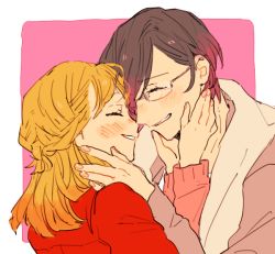 Rule 34 | 1boy, 1girl, blonde hair, blush, braid, brown hair, bustafellows, closed eyes, glasses, hand on another&#039;s face, hand on another&#039;s neck, helvetica (bustafellows), jacket, multicolored hair, nanamatsu (rapj4327), pink sweater, red jacket, smile, sweater, teuta (bustafellows)