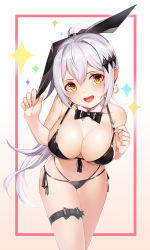 Rule 34 | 1girl, animal ears, arm up, armpits, bare shoulders, bikini, black bikini, blush, bow, bowtie, breasts, brown eyes, btraphen, cleavage, commentary, cowboy shot, crossed legs, detached collar, drink, eyewear on head, five-seven (cruise queen) (girls&#039; frontline), five-seven (girls&#039; frontline), food, front-tie bikini top, front-tie top, fruit, girls&#039; frontline, hair ornament, hair ribbon, highres, jewelry, large breasts, leaning forward, leg ribbon, long hair, looking at viewer, multi-strapped bikini, navel, official alternate costume, one eye closed, open mouth, orange (fruit), orange slice, ponytail, rabbit ears, ribbon, side-tie bikini bottom, sidelocks, silver hair, skindentation, smile, solo, strap pull, swimsuit, thigh ribbon, very long hair, watson cross
