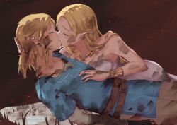 Rule 34 | 1boy, 1girl, artist name, bare shoulders, belt, blonde hair, blue tunic, bracer, brown belt, closed eyes, crying, dirty, dirty clothes, dirty face, dress, earrings, gold necklace, hair tie, hand in another&#039;s hair, hand on another&#039;s chest, injury, jewelry, kiss, leaning forward, link, long hair, low ponytail, medium hair, necklace, nintendo, outdoors, parted bangs, pointy ears, princess zelda, seri (yuukasakura), shirt, sidelocks, strapless, strapless dress, tears, the legend of zelda, the legend of zelda: breath of the wild, twitter username, upper body, white dress, white shirt