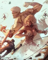 Rule 34 | 1boy, 1girl, absurdres, armored titan, back-to-back, battle, blonde hair, breasts, dust, exposed muscle, feet out of frame, female titan, fighting stance, from below, giant, giant male, giantess, highres, legs apart, medium breasts, muscular, muscular male, shingeki no kyojin, short hair, stephengiannart, three-dimensional maneuver gear, titan (shingeki no kyojin)