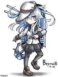 Rule 34 | 10s, 1girl, anchor, blue eyes, hammer and sickle, hat, hebitsukai-san, hibiki (kancolle), highres, kantai collection, loafers, long hair, looking at viewer, machinery, pantyhose, shoes, silver hair, skirt, solo, star (symbol), verniy (kancolle)