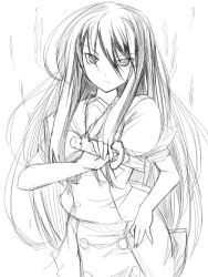 Rule 34 | 00s, 1girl, buttons, dagger, dress, greyscale, hand on own hip, holding, holding weapon, knife, long hair, looking at viewer, monochrome, ribi, shakugan no shana, shana, simple background, sketch, solo, unsheathed, very long hair, weapon, white background