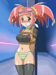 Rule 34 | bdsm, blush, bondage, bound, breasts, cloth gag, dinosaur king, gag, gagged, goggles, goggles on head, highres, improvised gag, leggings, midriff, navel, over the mouth gag, panties, pink hair, purple eyes, rope, striped clothes, striped panties, tagme, tatsuno malm, thighhighs, twintails, underwear, variant set, wanderer (furafuradou)