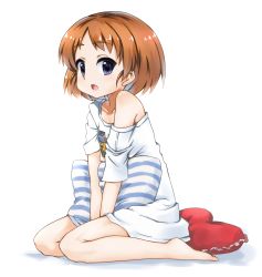 Rule 34 | 10s, 1girl, :o, blue eyes, brown hair, casual, commentary, from side, full body, girls und panzer, heart, heart-shaped pillow, highres, looking at viewer, hugging object, off shoulder, open mouth, pajamas, pillow, pillow hug, print shirt, sakaguchi karina, shirt, short hair, short sleeves, simple background, sitting, solo, toon (noin), wariza, white background, white shirt