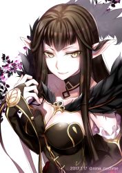 Rule 34 | 1girl, 2017, between breasts, black hair, breasts, bridal gauntlets, cleavage, collarbone, dated, elbow gloves, elf, fate/apocrypha, fate (series), feather trim, frills, gloves, long hair, looking at viewer, looking up, nina (pastime), pointy ears, semiramis (fate), smile, solo