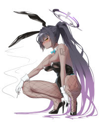Rule 34 | 1girl, absurdres, animal ears, bare shoulders, between legs, black hair, black headband, black leotard, blue archive, blush, bow, bowtie, breasts, cigarette, cleavage, closed mouth, dark-skinned female, dark skin, detached collar, exia-eku1025, fake animal ears, fishnet pantyhose, fishnets, full body, gloves, hair ribbon, halo, hand between legs, hand on own knee, headband, high heels, highres, holding, holding cigarette, karin (blue archive), karin (bunny) (blue archive), large breasts, leotard, long hair, looking at viewer, looking down, looking to the side, multicolored hair, pantyhose, playboy bunny, purple hair, ribbon, sidelocks, smoke, solo, squatting, strapless, strapless leotard, streaked hair, thighs, traditional bowtie, two side up, very long hair, white gloves, wide hips, yellow eyes