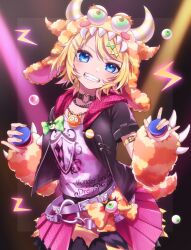 Rule 34 | 1girl, black jacket, blonde hair, blue eyes, bow, fangs, green bow, grin, hair bow, hair ornament, hairclip, head tilt, highres, holding, hood, hood down, hooded jacket, jacket, kagamine rin, looking at viewer, miniskirt, nail polish, open clothes, open jacket, pink shirt, pink skirt, pleated skirt, print shirt, project sekai, shirt, short hair, skirt, smile, solo, soramame pikuto, standing, vocaloid, yellow bow, yellow nails