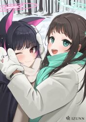 Rule 34 | 2girls, absurdres, airi (blue archive), animal ears, black coat, black hair, blue archive, blush, cat ears, closed mouth, coat, colored inner hair, day, gloves, green eyes, green halo, green scarf, halo, highres, kazusa (blue archive), long hair, long sleeves, looking at viewer, mittens, momocadraw, multicolored hair, multiple girls, one eye closed, open mouth, outdoors, pink hair, pink halo, scarf, short hair, smile, upper body, white coat, white gloves, white mittens